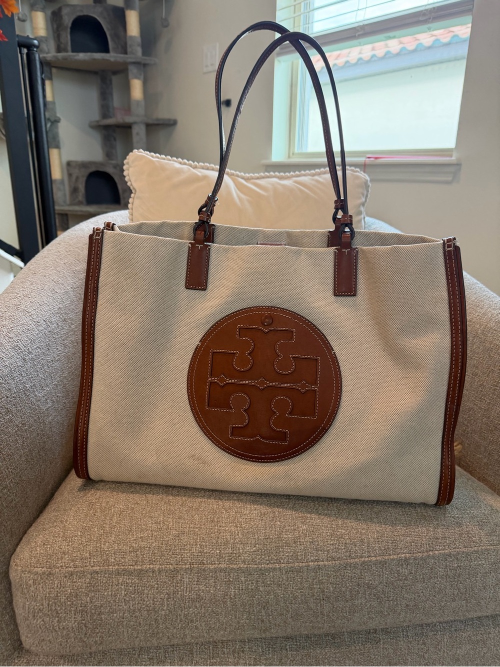 Tory Burch-Inspired Canvas Tote Bag in Beige with Brown Leather Trim